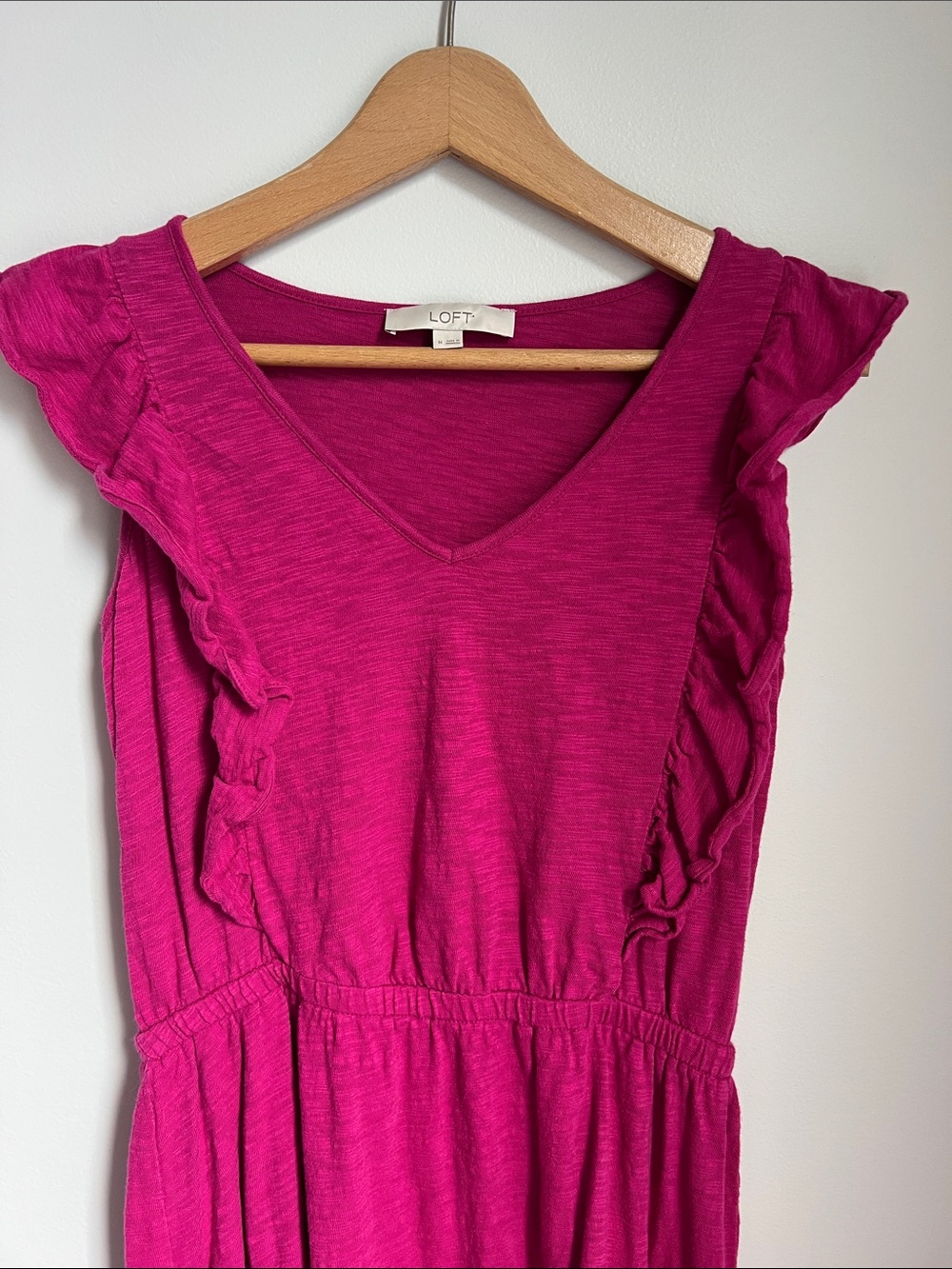 LOFT | Women’s Bright Fuchsia Ruffle Cap Sleeve 100% Cotton Summer Dress Size M - Picture 5 of 17